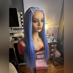 Human hair blue wig